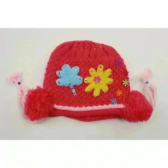 HAND knitted girl hat with knitted applique with beads for 3-6 year old. NEW. - Picture 1 of 9